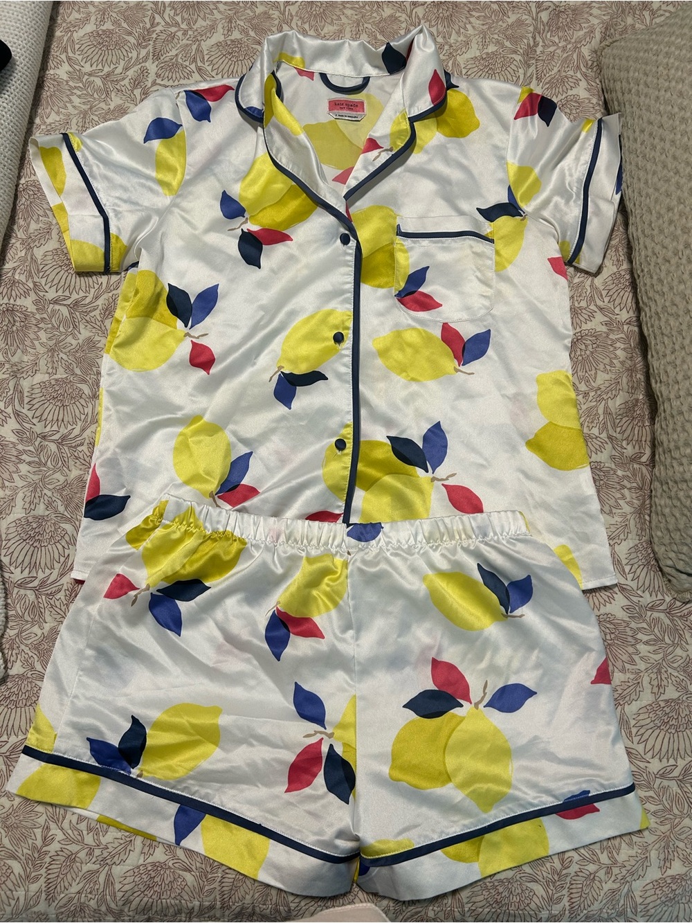 Kate Spade Silky Lemon Print Short Pajama Set - White/Yellow